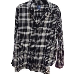 GAP Plaid Flannel Button Up Top Black White Size XL
